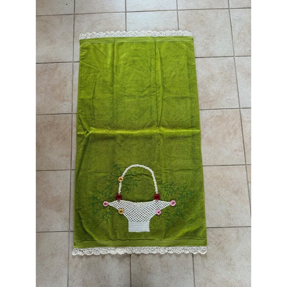 VTG Sears Green Terry Embroidered Lace Bath Towel Wash Cloth Set Flower Basket - Picture 6 of 10